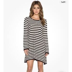 Free People Striped Swing Sweater Dress Black White Tunic Long Sleeve